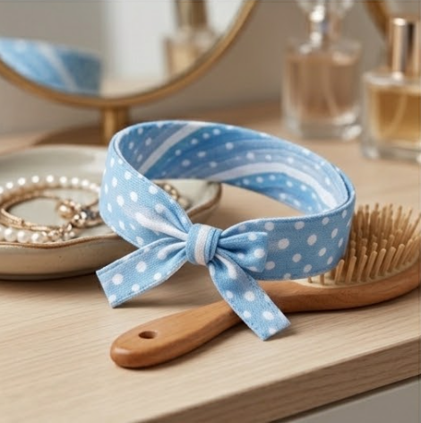 5Pcs Sky Blue Polka Dot Fabric Bow Wristband